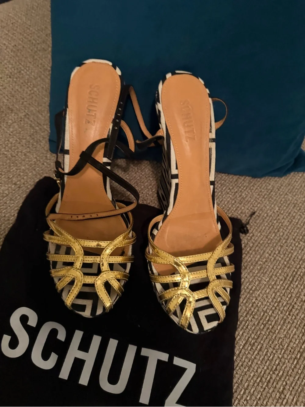 SCHUTZ Gold Strappy Platform Sandals with Black-and-White Geometric Platform